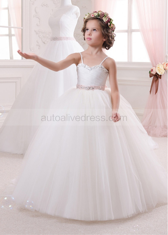 Spaghetti Straps Beaded Pleated Tulle Floor Length Flower Girl Dress 